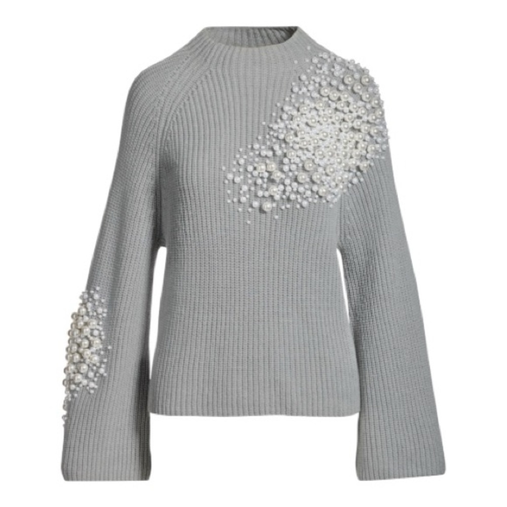 Boston Proper Pearl Embellished Sweater NWT Gray Knit Flare Sleeve Statement Top - Picture 2 of 3
